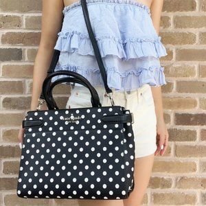 Kate Spade Staci Medium Top Zip Satchel Crossbody Black White Polka Dots